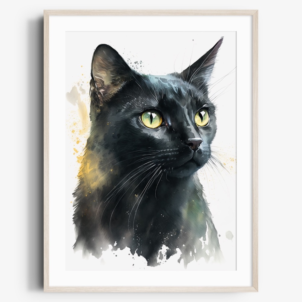 Black Cat Watercolor Wall Art Illustration Print Poster Card Unframed - Picture 1 of 6